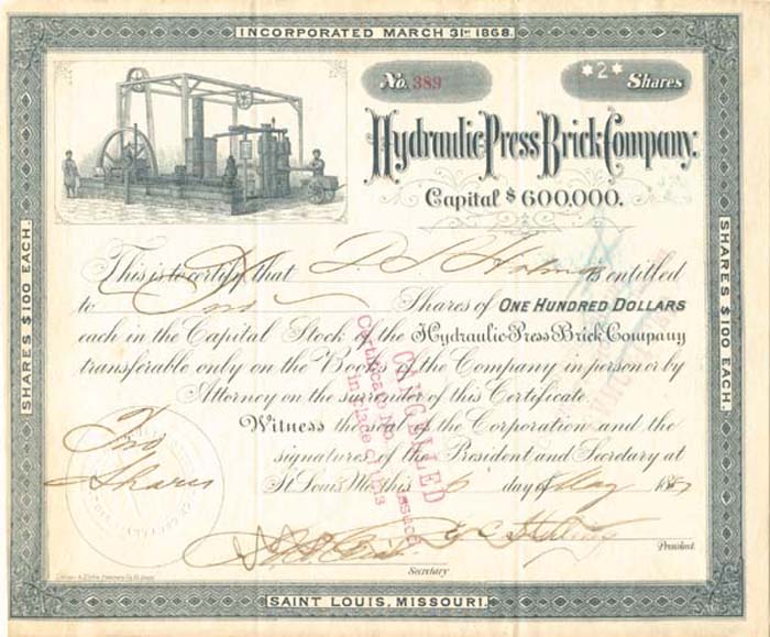 Hydraulic Press Brick Co. - Stock Certificate
